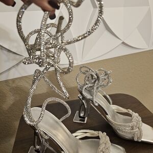 Elegant Silver Women's Heels with Beaded Design STRAPY TIE